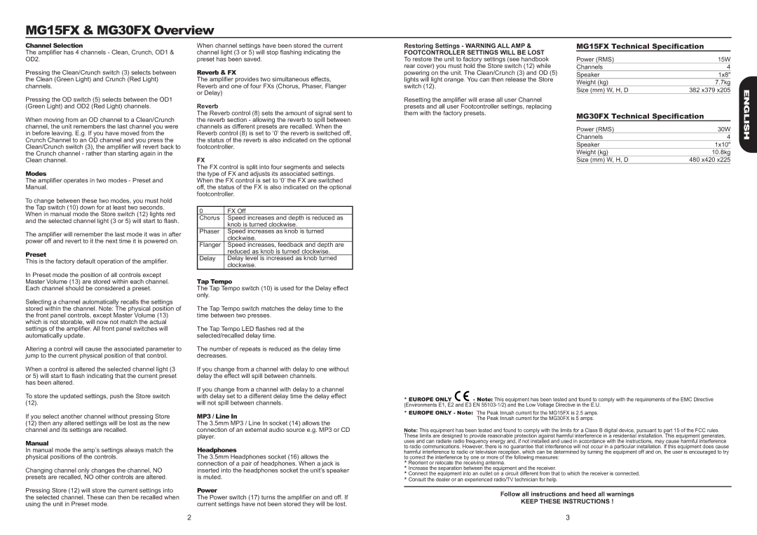 Marshall Amplification MG50FX, MG100HFX, MG100FX manual MG15FX & MG30FX Overview, Keep These Instructions 