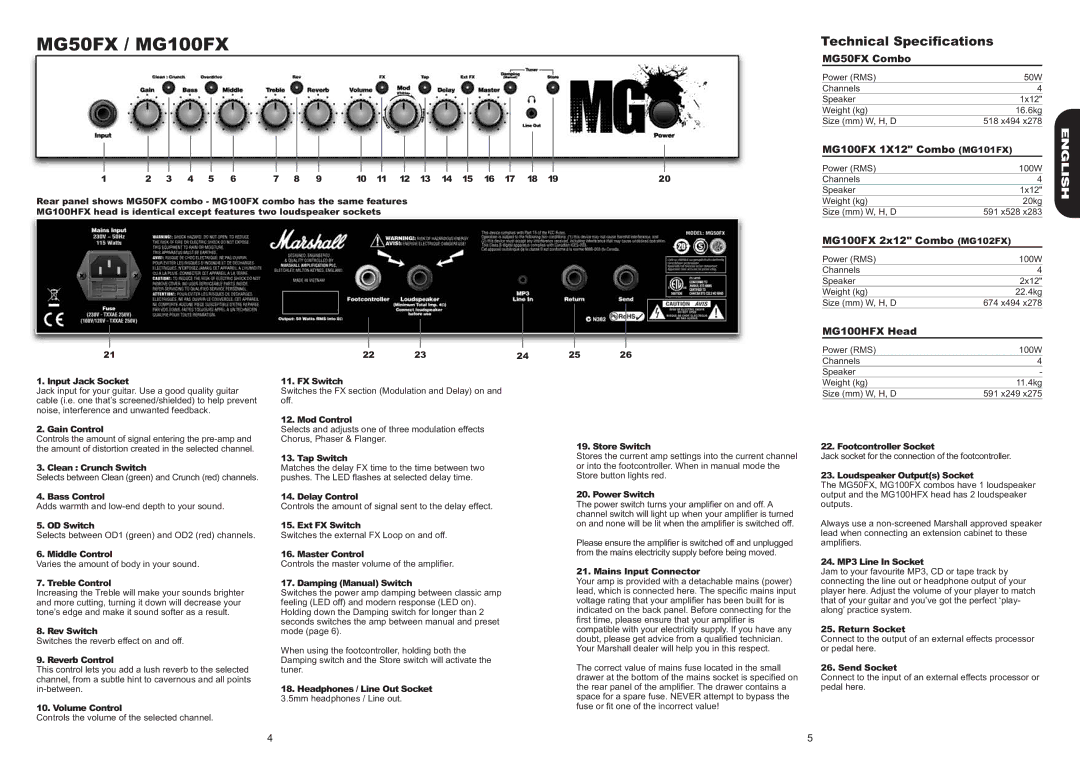 Marshall Amplification MG30FX, MG100HFX, MG15FX manual MG50FX / MG100FX 