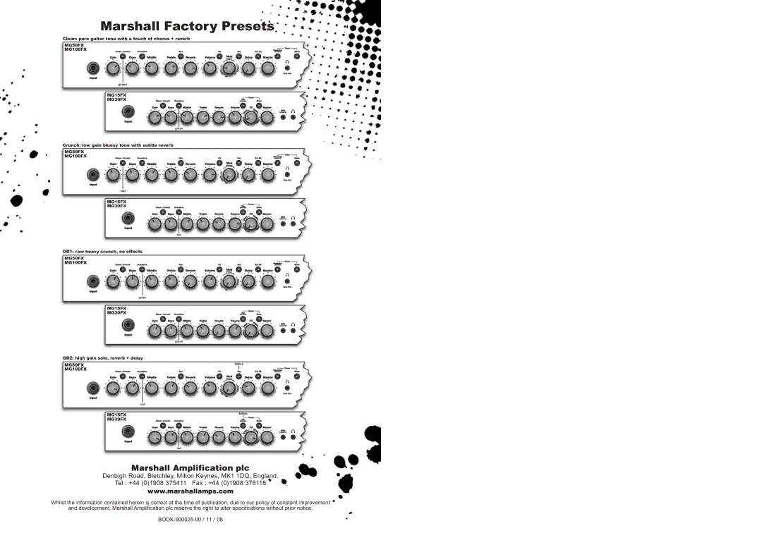 Marshall Amplification MG100HFX, MG30FX, MG50FX, MG15FX, MG100FX manual Marshall Factory Presets 