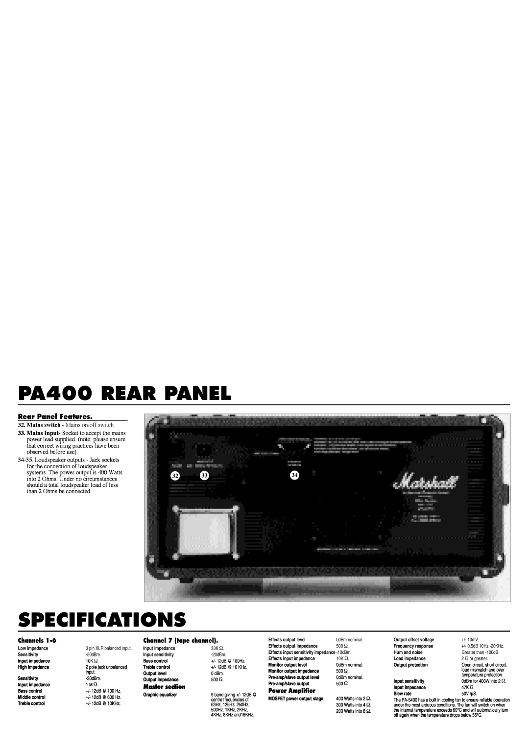 Marshall Amplification specifications PA400 REAR PANEL, Specifications, Rear Panel Features 