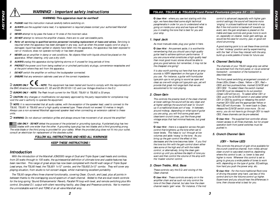 Marshall Amplification TSL602, TSL601 specifications Introduction 