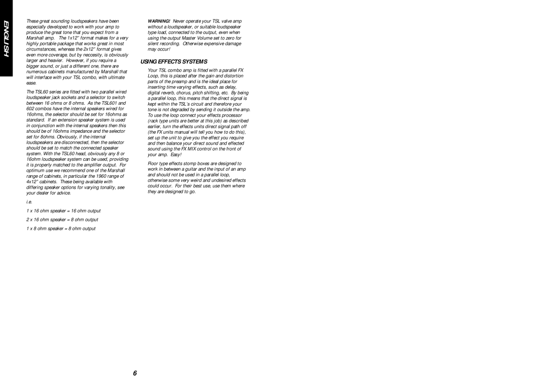 Marshall Amplification TSL601, TSL602 specifications Using Effects Systems 