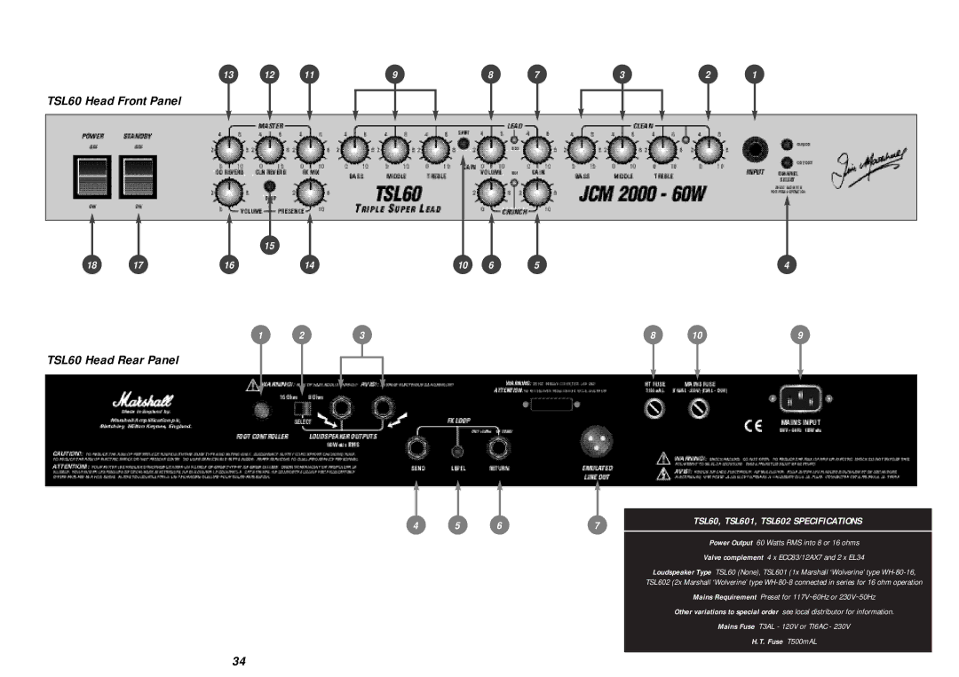 Marshall Amplification TSL602, TSL601 specifications TSL60 Head Front Panel TSL60 Head Rear Panel 