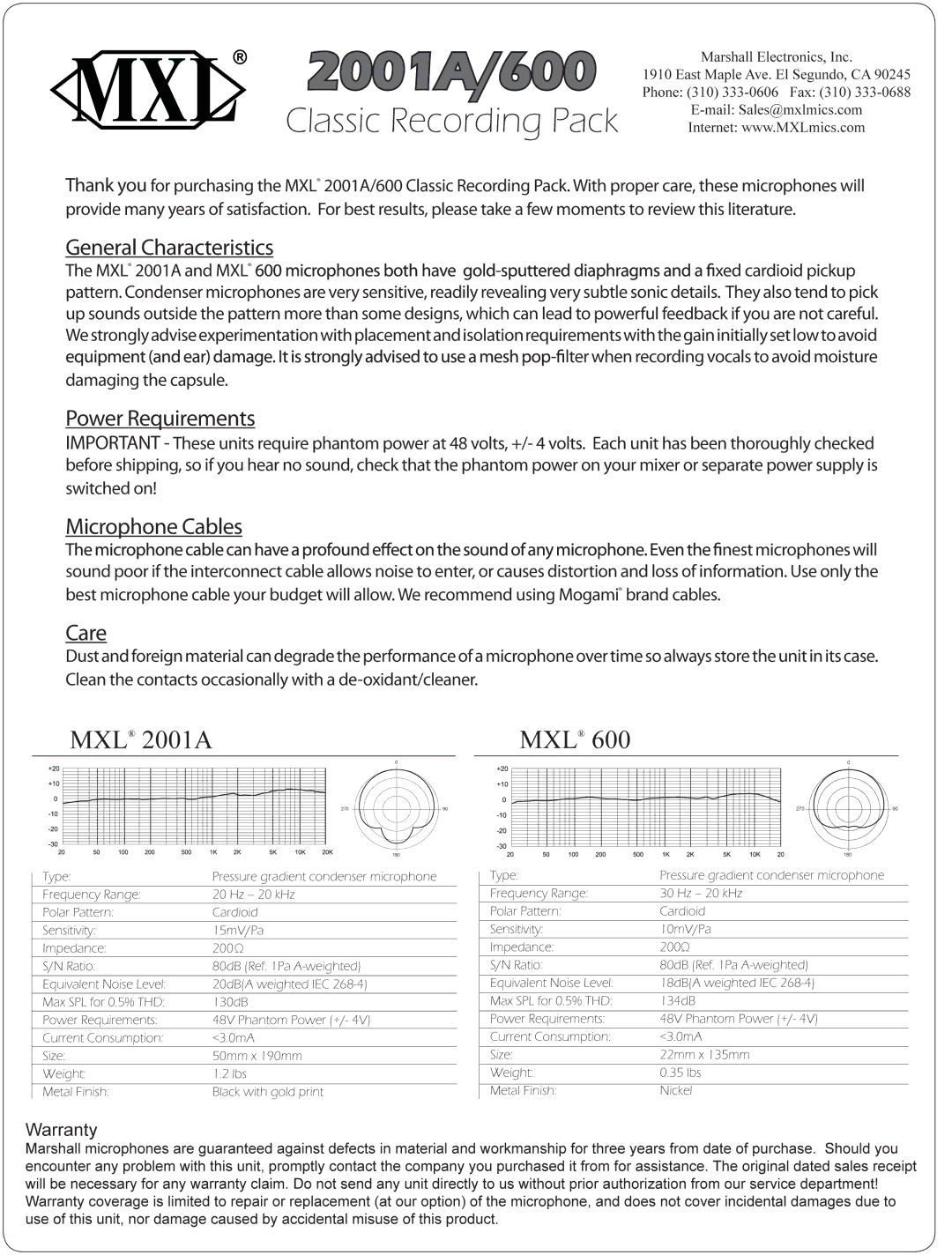 Marshall electronic 600, 2001A manual 