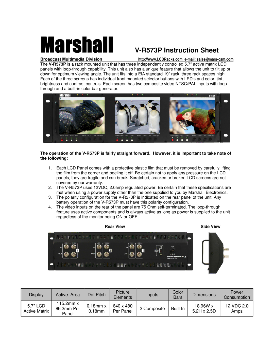 Marshall electronic 6-00518-02 instruction sheet Marshall, R573P Instruction Sheet, Broadcast Multimedia Division 