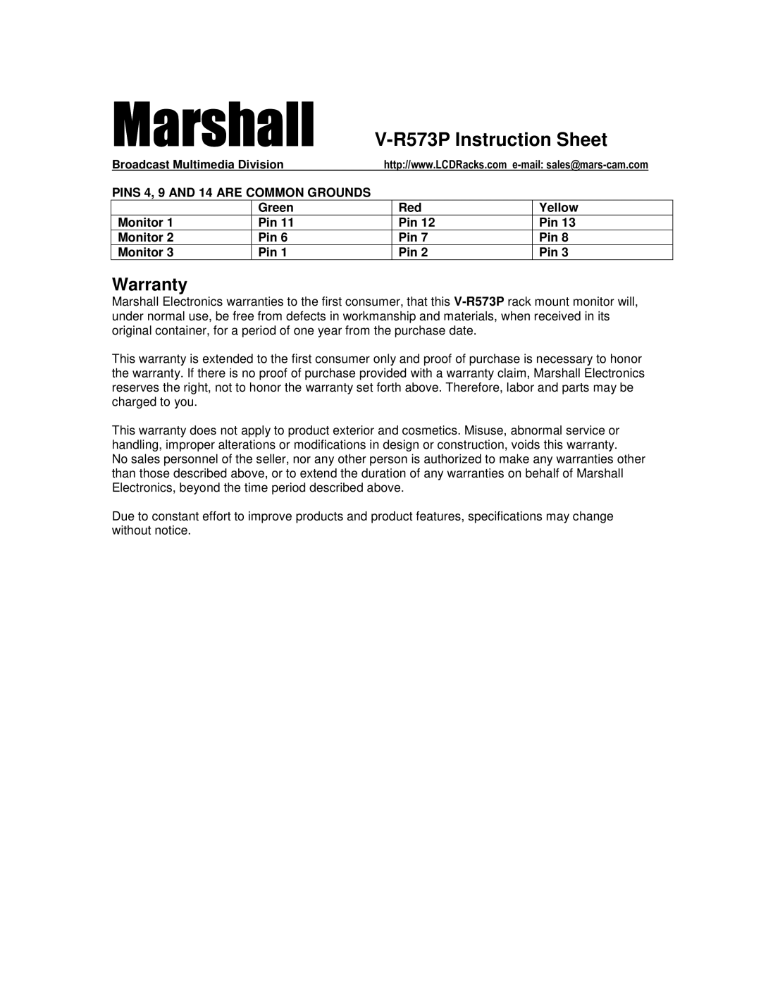 Marshall electronic 6-00518-02 instruction sheet Warranty, Green Red Yellow Monitor Pin 