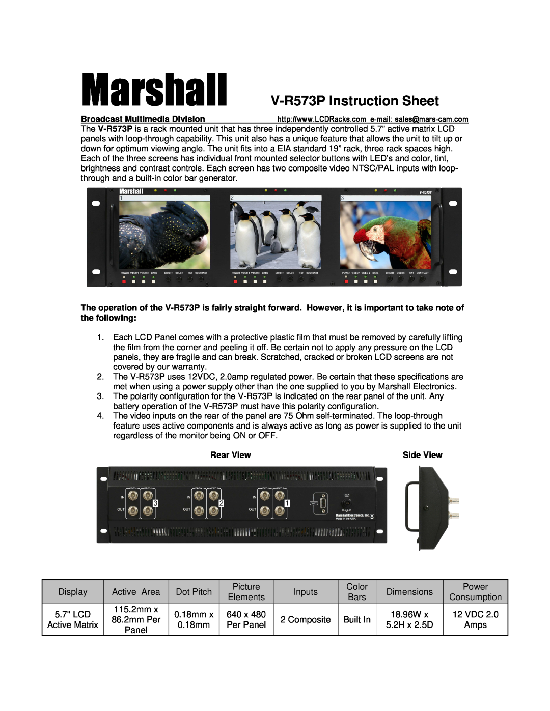 Marshall electronic 6-00518-02 instruction sheet Marshall, V-R573P Instruction Sheet 