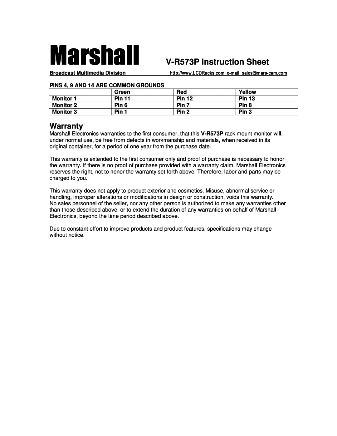 Marshall electronic 6-00518-02 instruction sheet Marshall, V-R573P Instruction Sheet, Warranty 