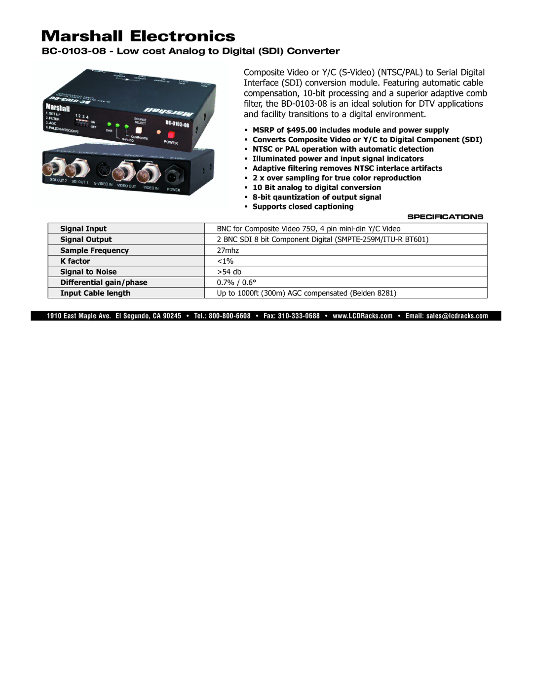 Marshall electronic specifications Marshall Electronics, BC-0103-08 Low cost Analog to Digital SDI Converter 