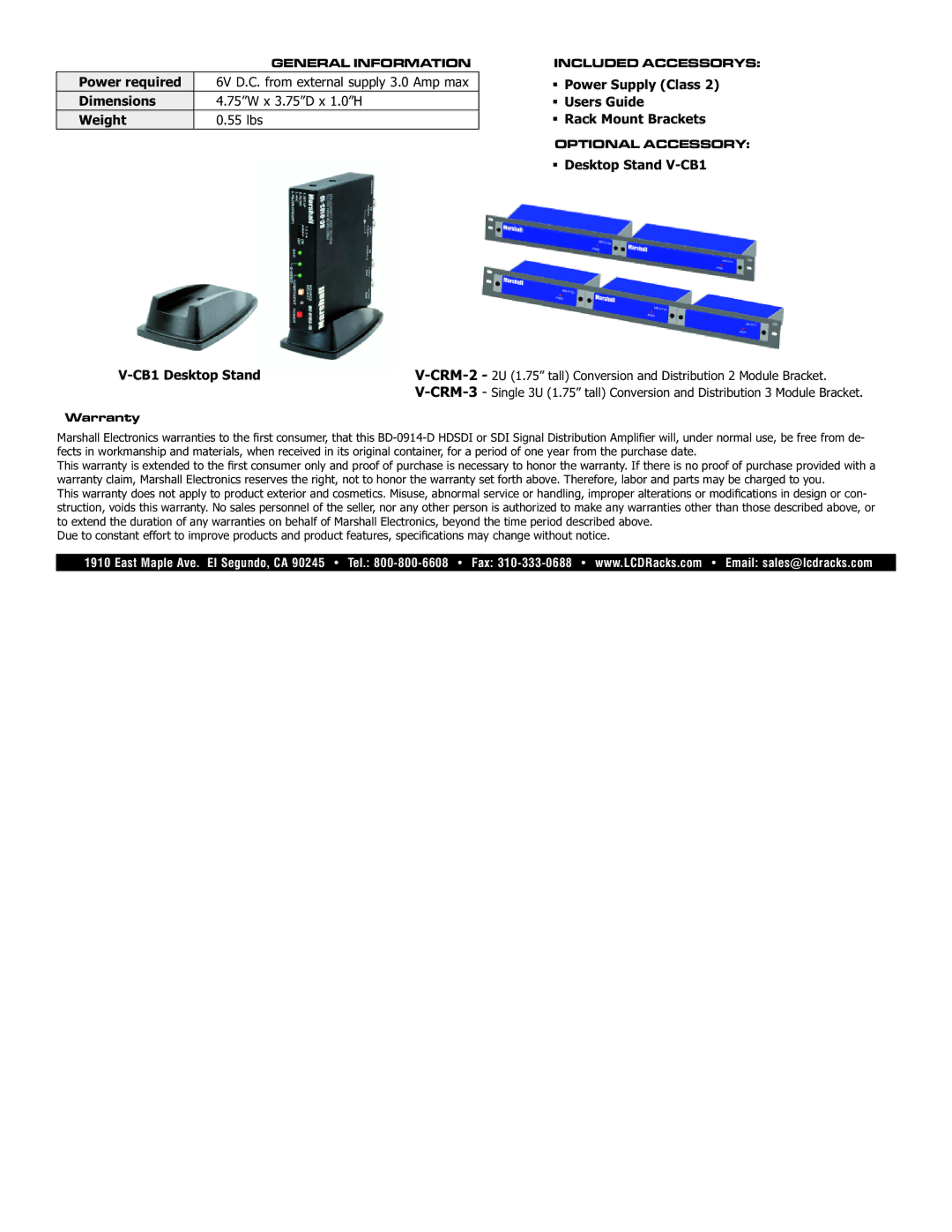 Marshall electronic BC-0103-08 specifications Warranty 