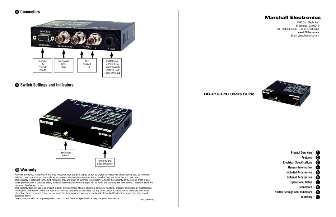 Marshall electronic BC-0103-10 warranty Connectors, Switch Settings and Indicators, Warranty, Marshall Electronics 