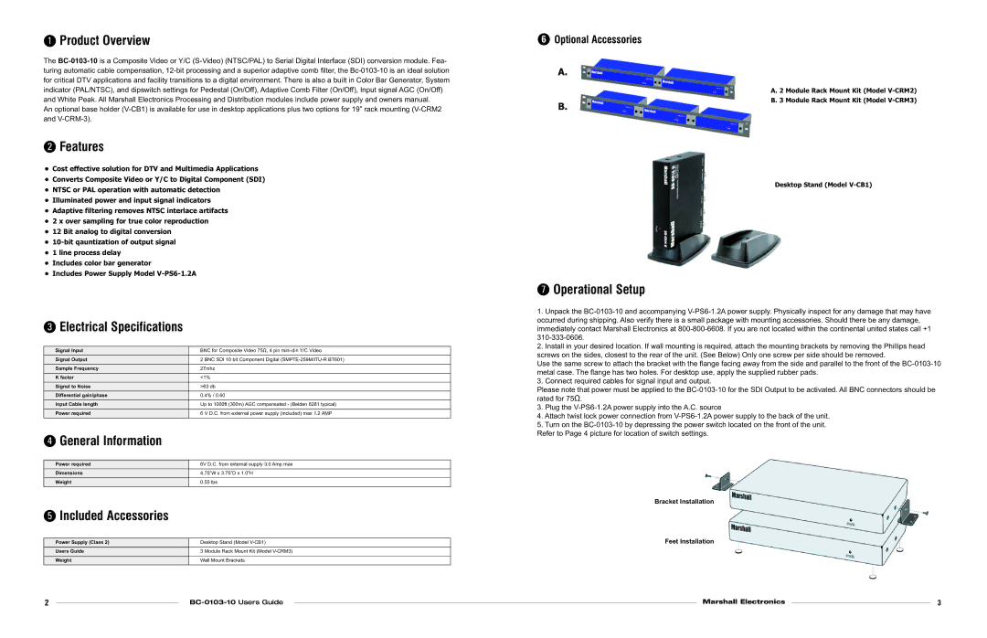 Marshall electronic BC-0103-10 warranty Product Overview, Features, Electrical Specifications, General Information 