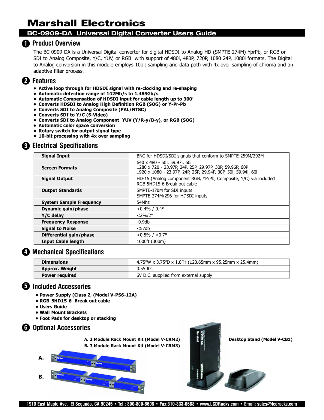 Marshall electronic BC-0909-DA specifications Product Overview, Features, Electrical Specifications, Included Accessories 