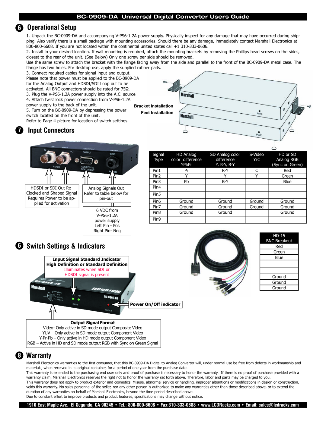 Marshall electronic BC-0909-DA Operational Setup, Input Connectors, Switch Settings & Indicators, Warranty, Signal, Type 