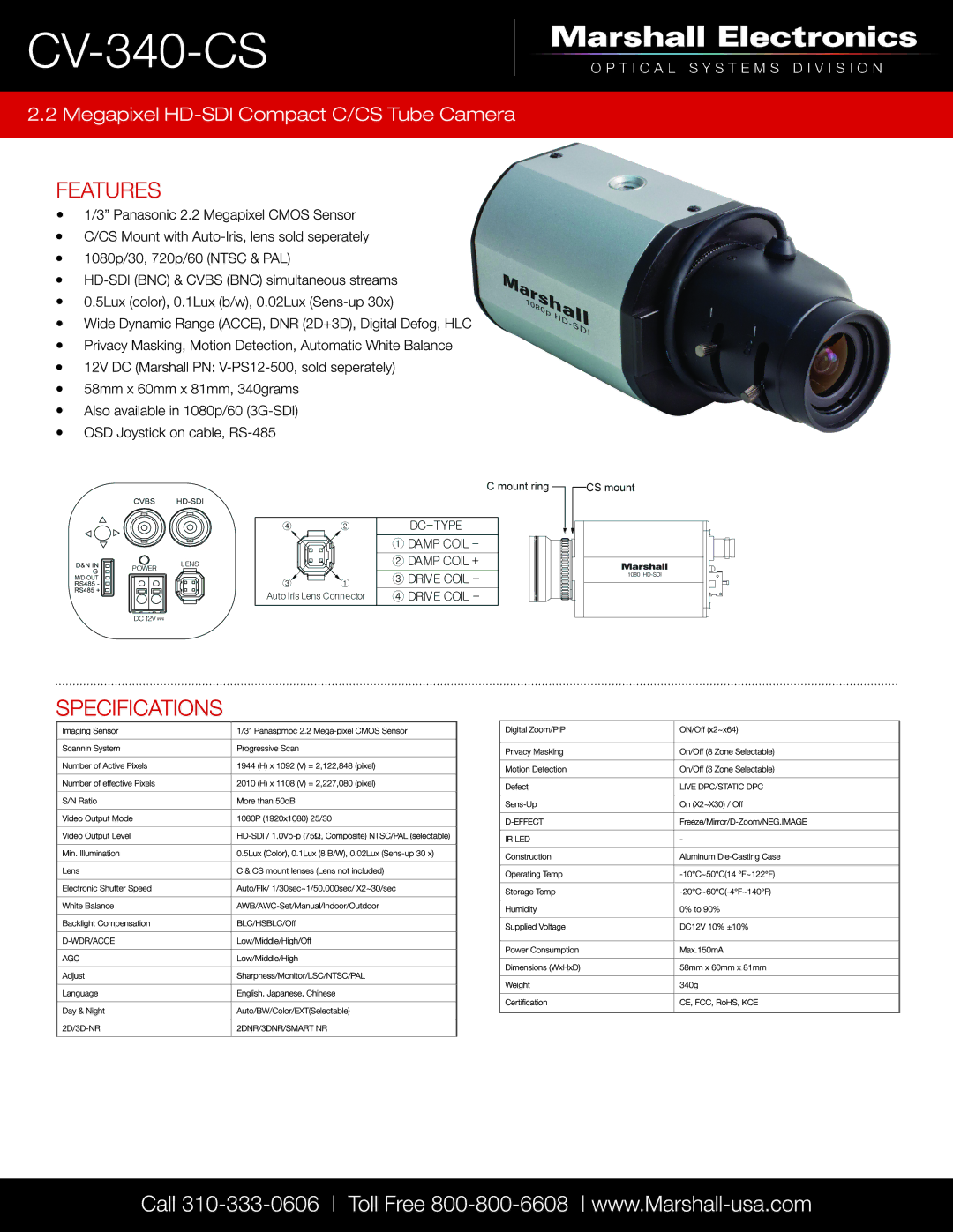 Marshall electronic CV-340-CS specifications Specifications 