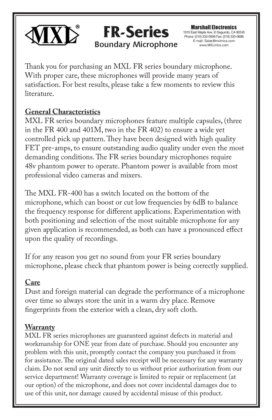 Marshall electronic warranty FR-Series, Boundary Microphone, General Characteristics, Care, Warranty 