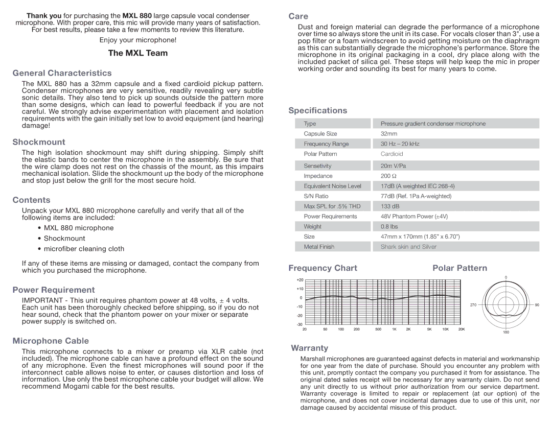 Marshall electronic MXL 880 manual General Characteristics Care, Shockmount, Contents, Specifications, Power Requirement 