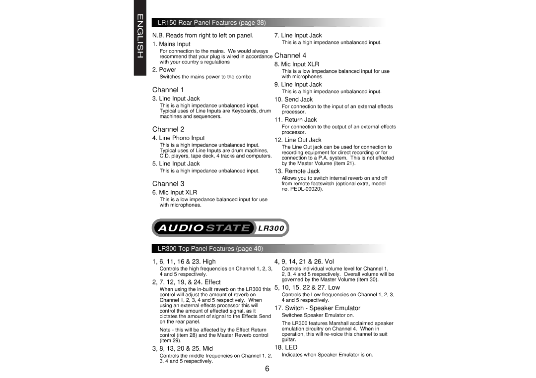 Marshall electronic LR230 manual Audiostate LR300, LR150 Rear Panel Features, LR300 Top Panel Features 