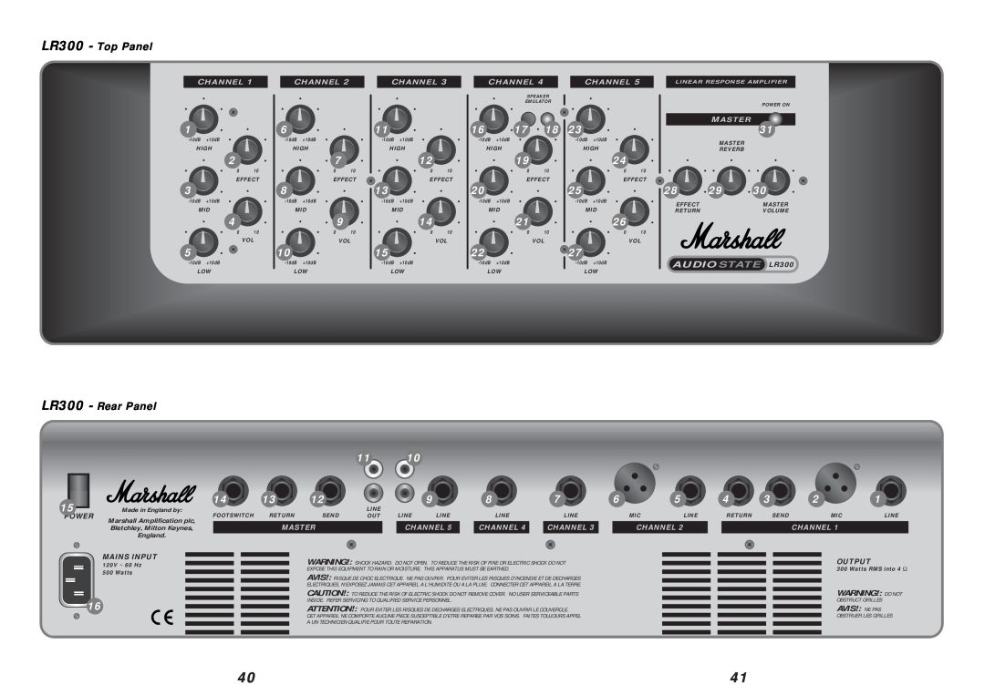 Marshall electronic LR230 AUDIOSTATE LR300, LR300 - Top Panel, LR300 - Rear Panel, Warning! Do Not, Avis! Ne Pas, Channel 