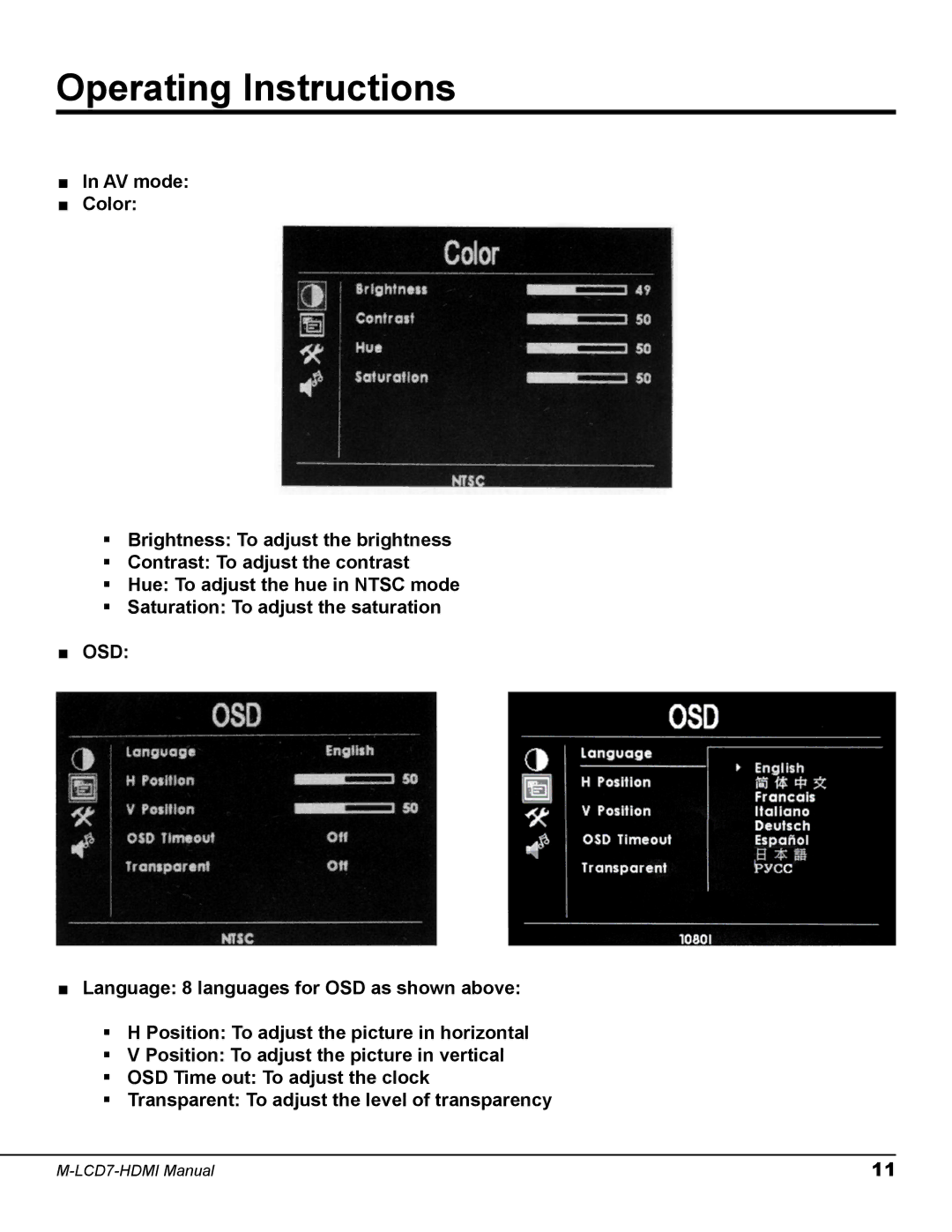 Marshall electronic M-LCD7-HDMI-B-C511, M-LCD7-HDMI-B-CE6, M-LCD7-HDMI-B-NEL3 user manual Operating Instructions 