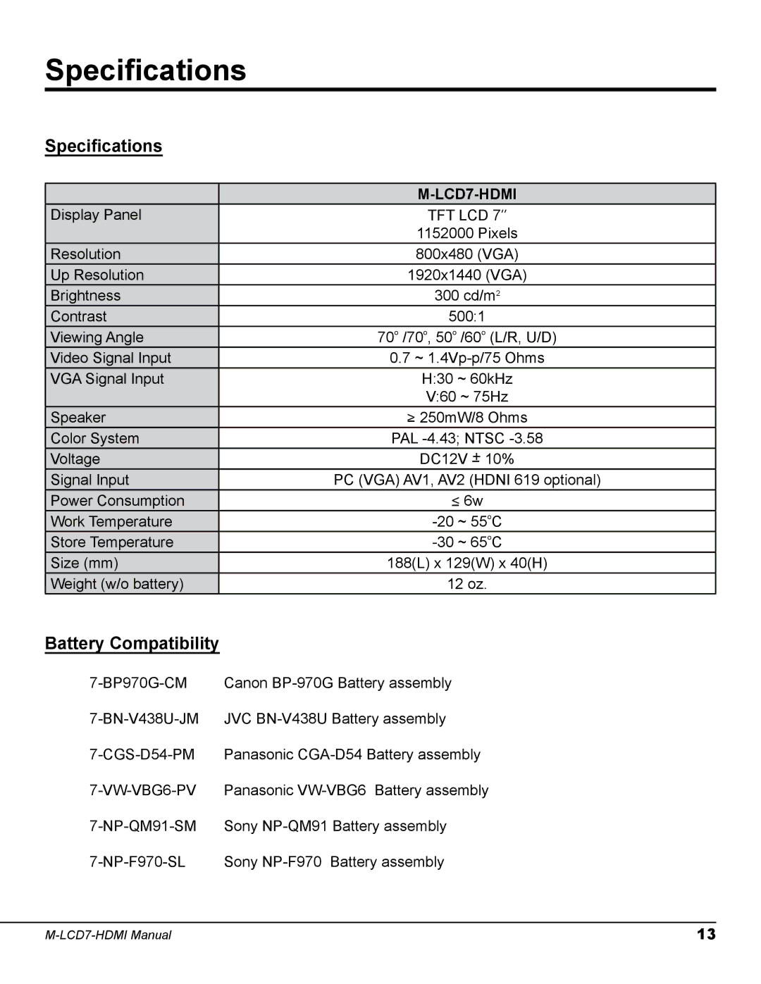 Marshall electronic M-LCD7-HDMI-B-CE6, M-LCD7-HDMI-B-NEL3, M-LCD7-HDMI-B-C511 Specifications, Battery Compatibility 