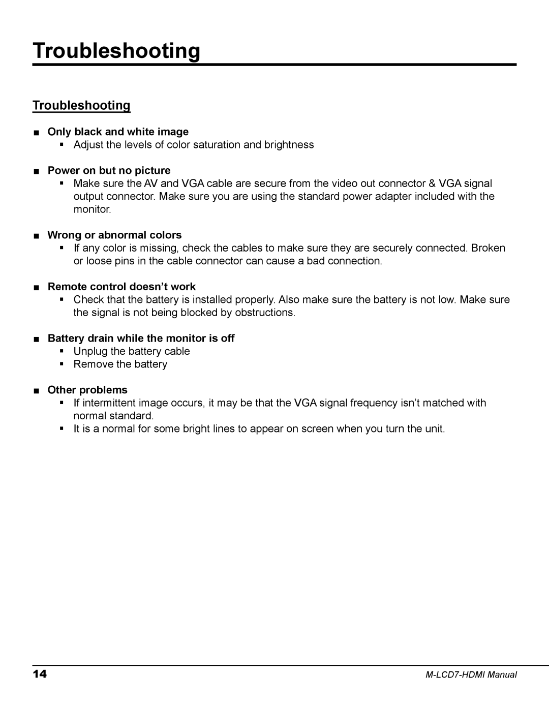 Marshall electronic M-LCD7-HDMI-B-NEL3, M-LCD7-HDMI-B-CE6, M-LCD7-HDMI-B-C511 user manual Troubleshooting 