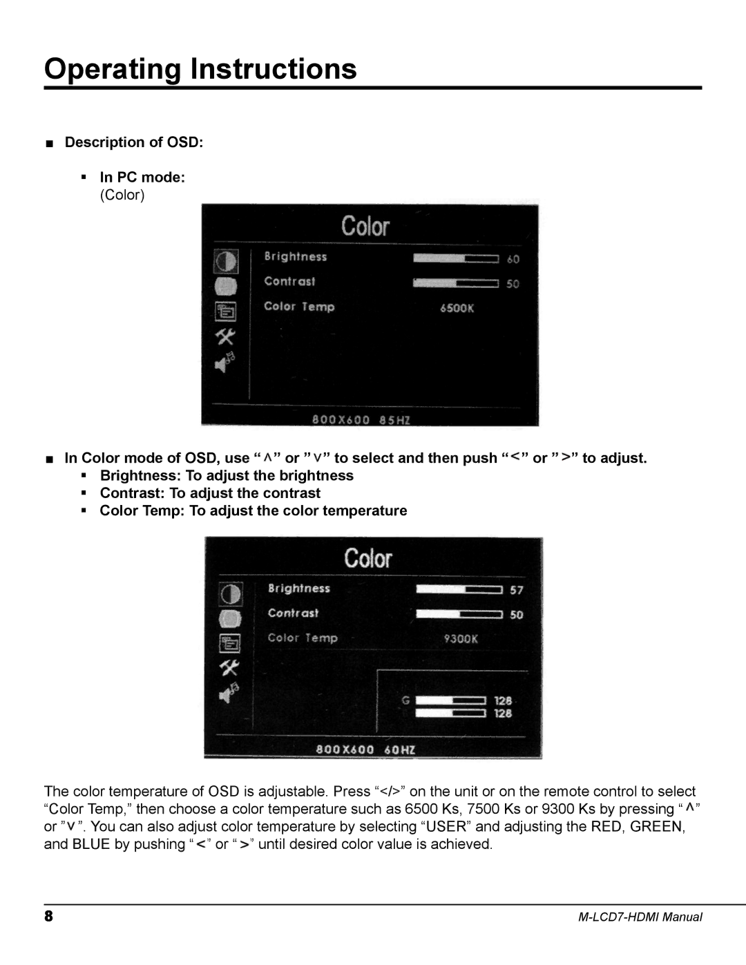 Marshall electronic M-LCD7-HDMI-B-CE6, M-LCD7-HDMI-B-NEL3, M-LCD7-HDMI-B-C511 user manual Description of OSD 