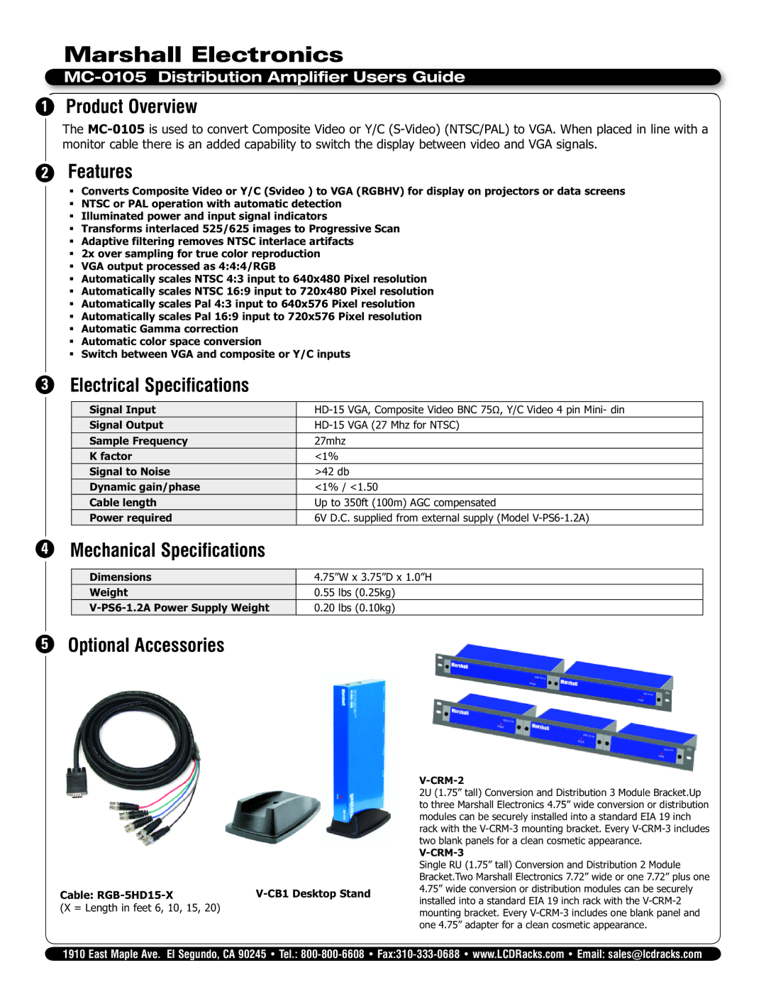 Marshall electronic MC-0105 specifications Product Overview, Features, Electrical Specifications, Optional Accessories 