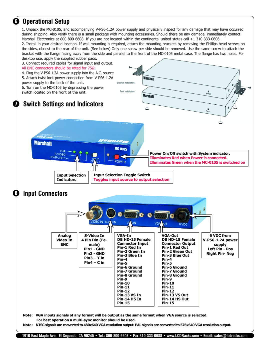 Marshall electronic MC-0105 specifications Operational Setup, Switch Settings and Indicators, Input Connectors 