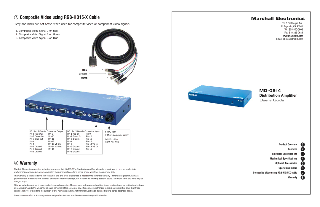 Marshall electronic MD-0514 specifications Composite Video using RGB-HD15-X Cable, Warranty 