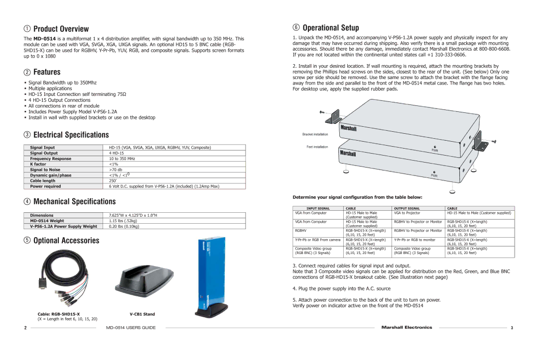 Marshall electronic MD-0514 specifications Product Overview, Features, Electrical Specifications, Mechanical Specifications 