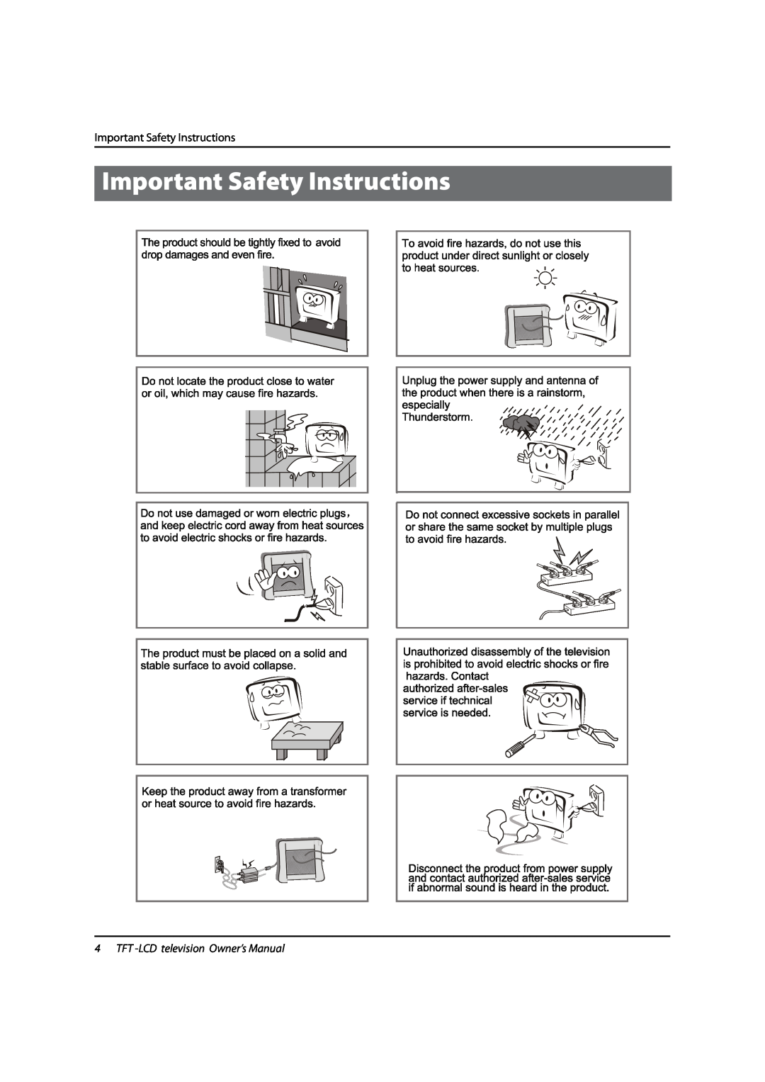 Marshall electronic ME-4220, ME-3220 manual Important Safety Instructions, TFT -LCD television Owner’s Manual 