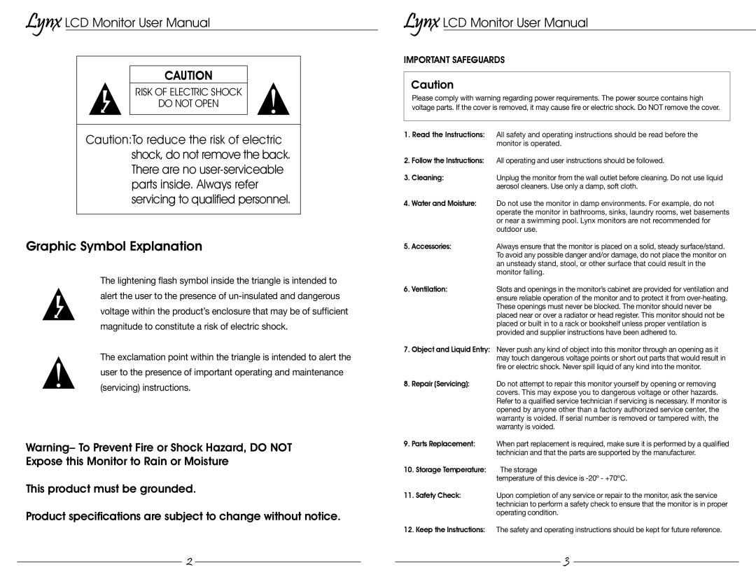 Marshall electronic MLYNX15, M-LYNX-10W user manual Graphic Symbol Explanation, Important Safeguards 