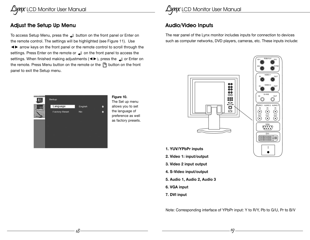 Marshall electronic MLYNX17 user manual Adjust the Setup Up Menu, Audio/Video Inputs 