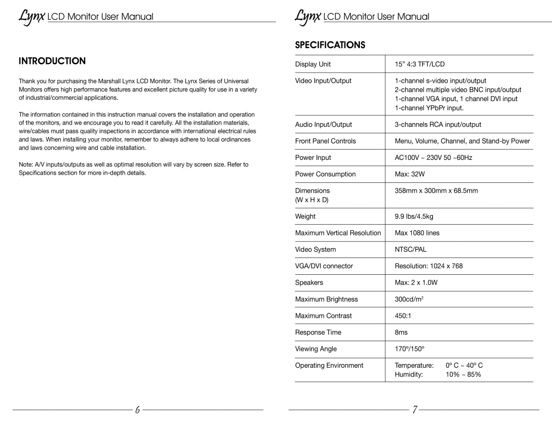 Marshall electronic MLYNX17 user manual Introduction, Specifications 