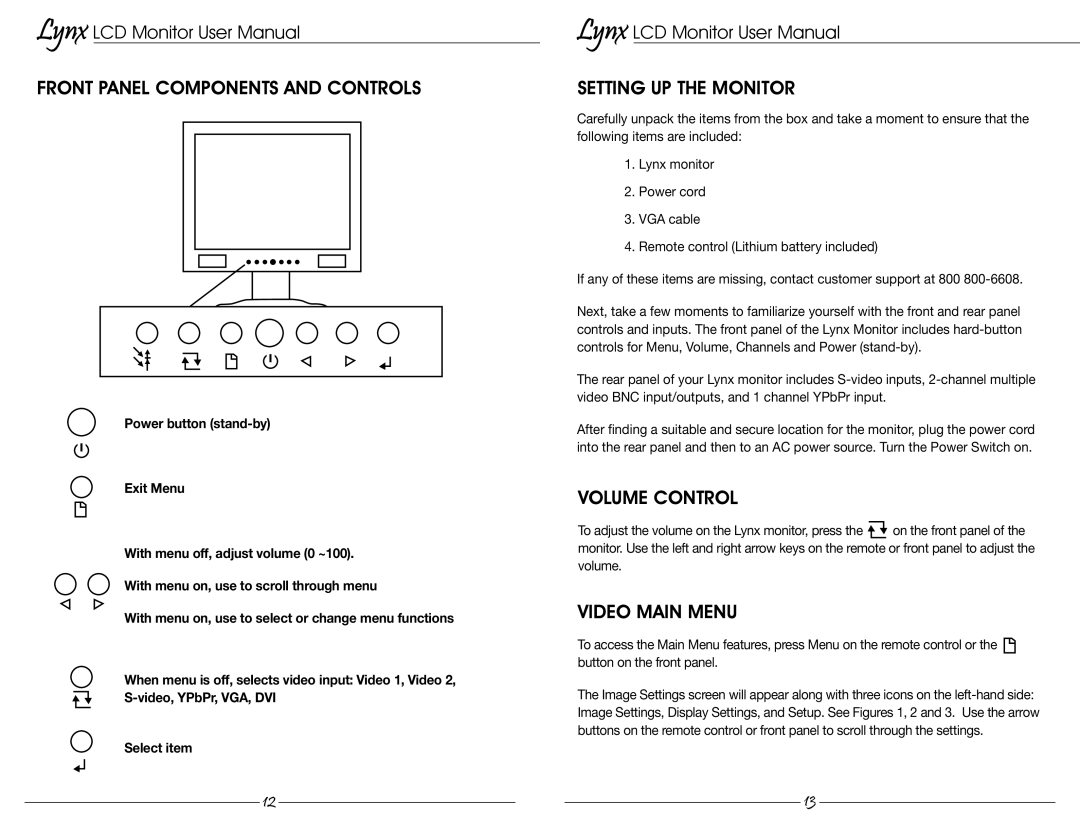 Marshall electronic MLYNX17 Front Panel Components and Controls, Setting UP the Monitor, Volume Control, Video Main Menu 