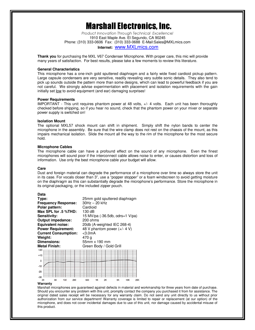 Marshall electronic MXL 467 dimensions General Characteristics, Power Requirements, Isolation Mount, Microphone Cables 