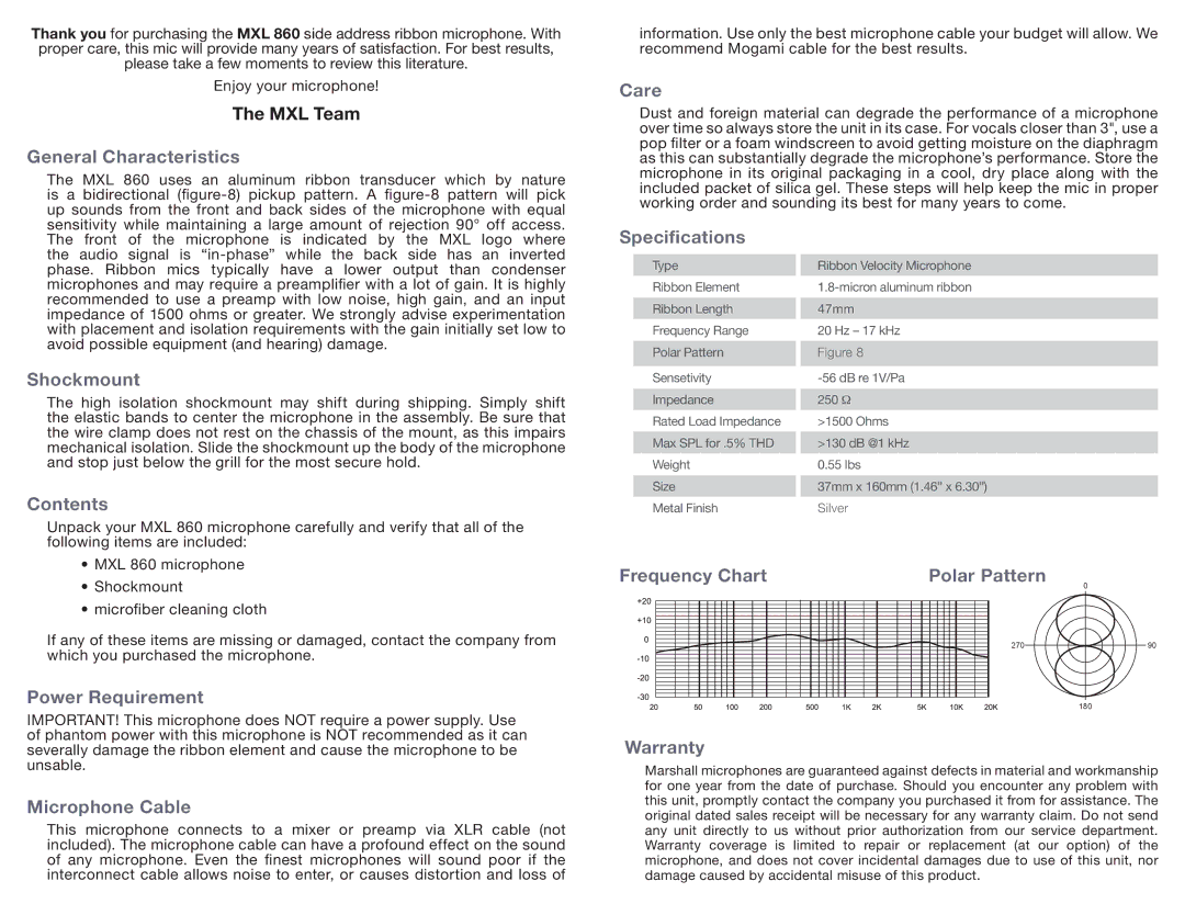Marshall electronic MXL 860 manual General Characteristics, Care, Shockmount, Contents, Specifications, Power Requirement 