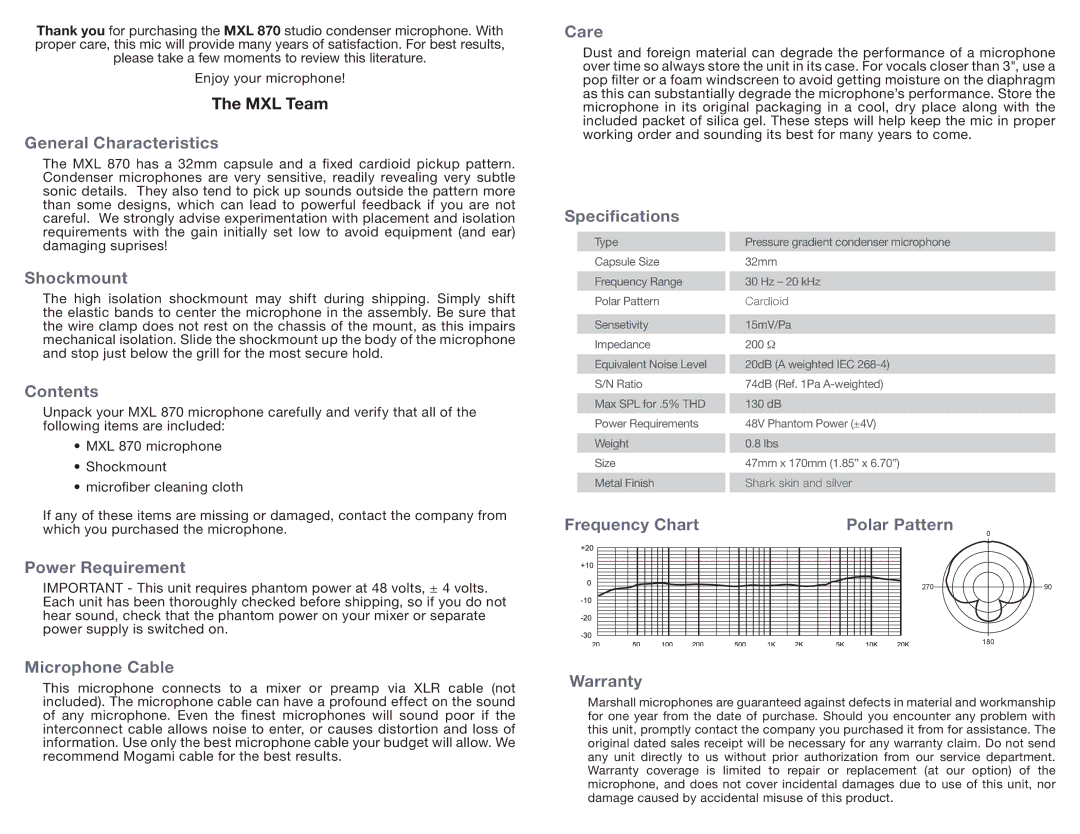 Marshall electronic MXL 870 manual General Characteristics Care, Shockmount, Contents, Power Requirement, Specifications 