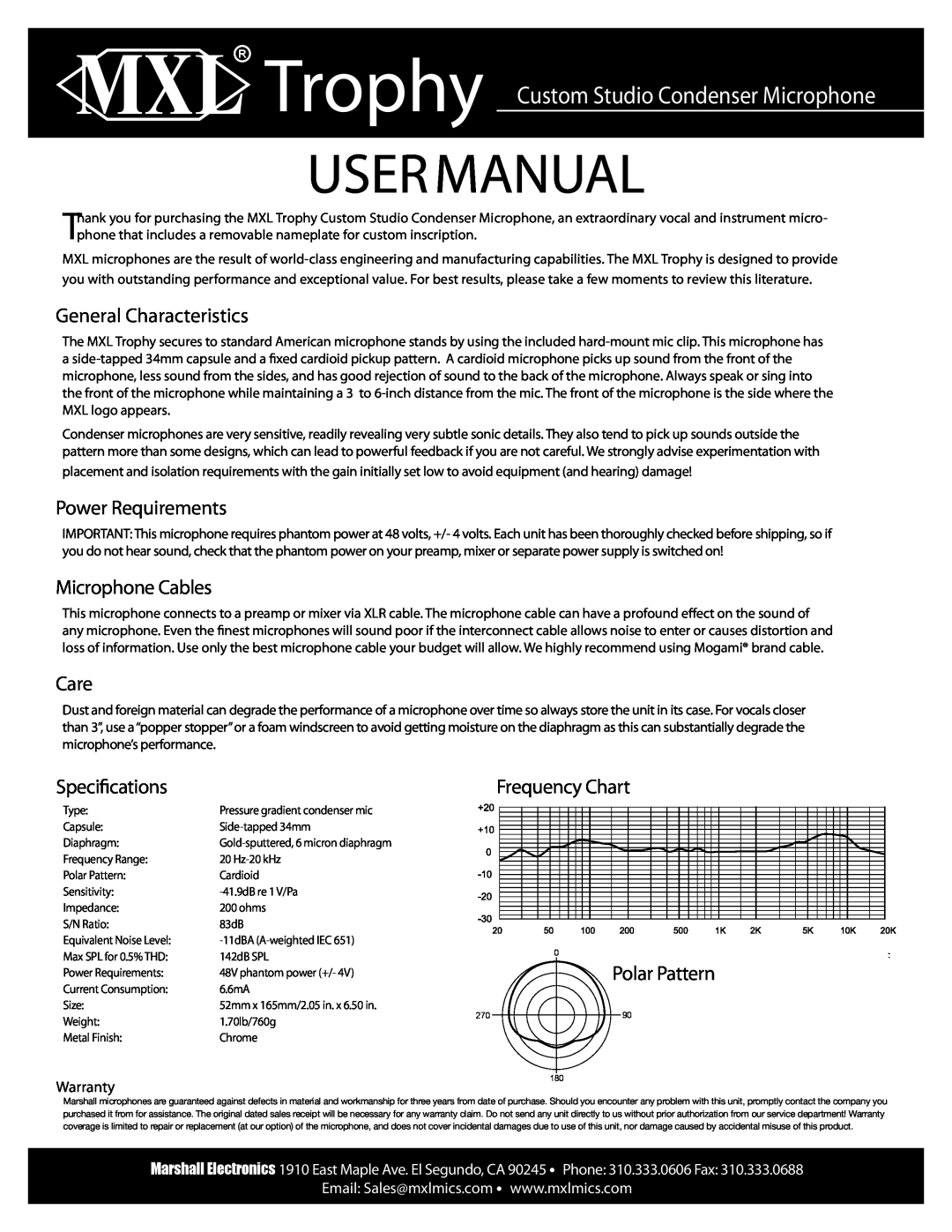 Marshall electronic MXL warranty User Manual, R Trophy Custom Studio Condenser Microphone, General Characteristics, Care 