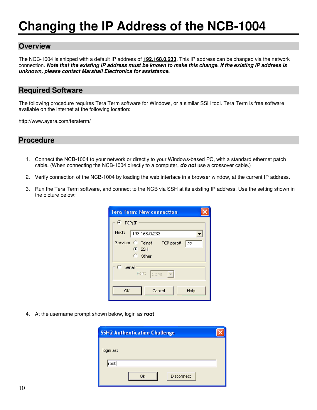 Marshall electronic operating instructions Changing the IP Address of the NCB-1004, Required Software, Procedure 