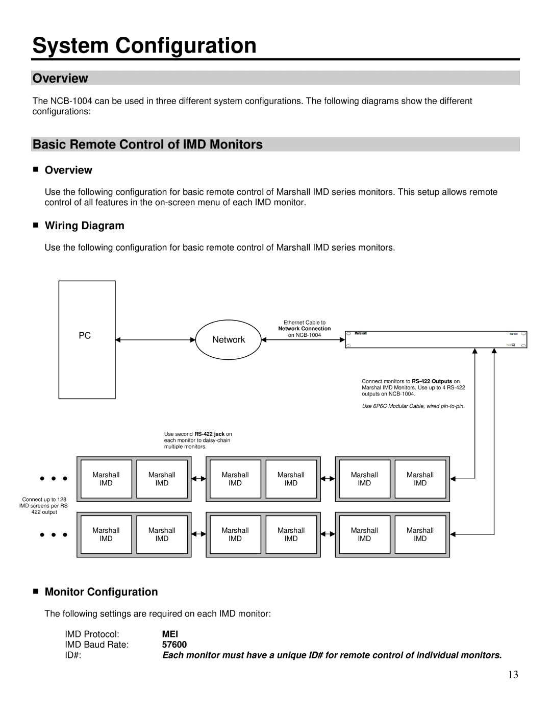 Marshall electronic NCB-1004 operating instructions System Configuration, Basic Remote Control of IMD Monitors 