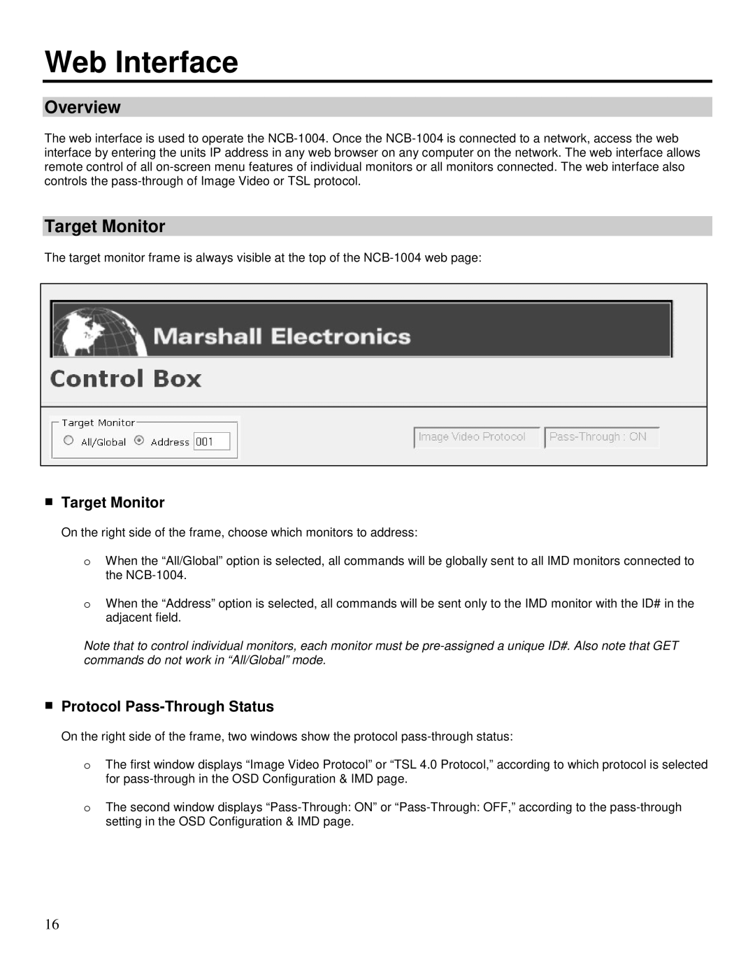 Marshall electronic NCB-1004 operating instructions Web Interface, Target Monitor 