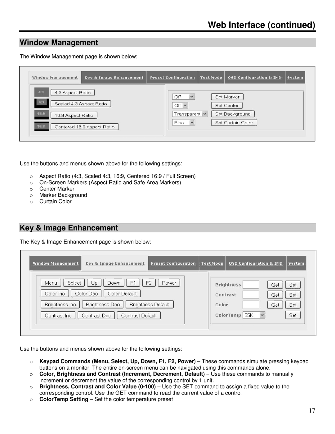 Marshall electronic NCB-1004 operating instructions Web Interface, Window Management, Key & Image Enhancement 