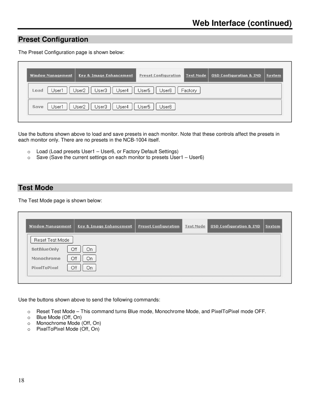 Marshall electronic NCB-1004 operating instructions Preset Configuration, Test Mode 