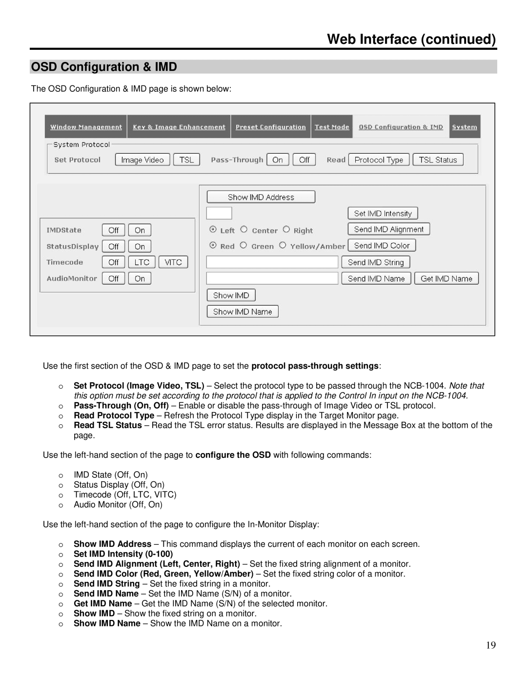 Marshall electronic NCB-1004 operating instructions OSD Configuration & IMD 