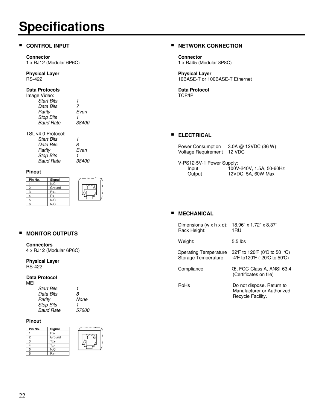 Marshall electronic NCB-1004 operating instructions Specifications, Control Input 