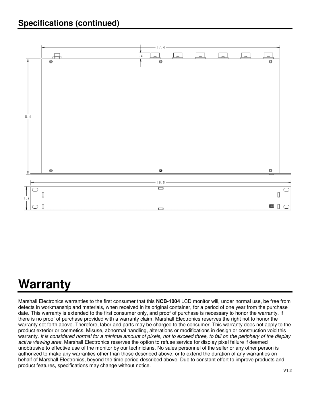 Marshall electronic NCB-1004 operating instructions Warranty, Specifications 