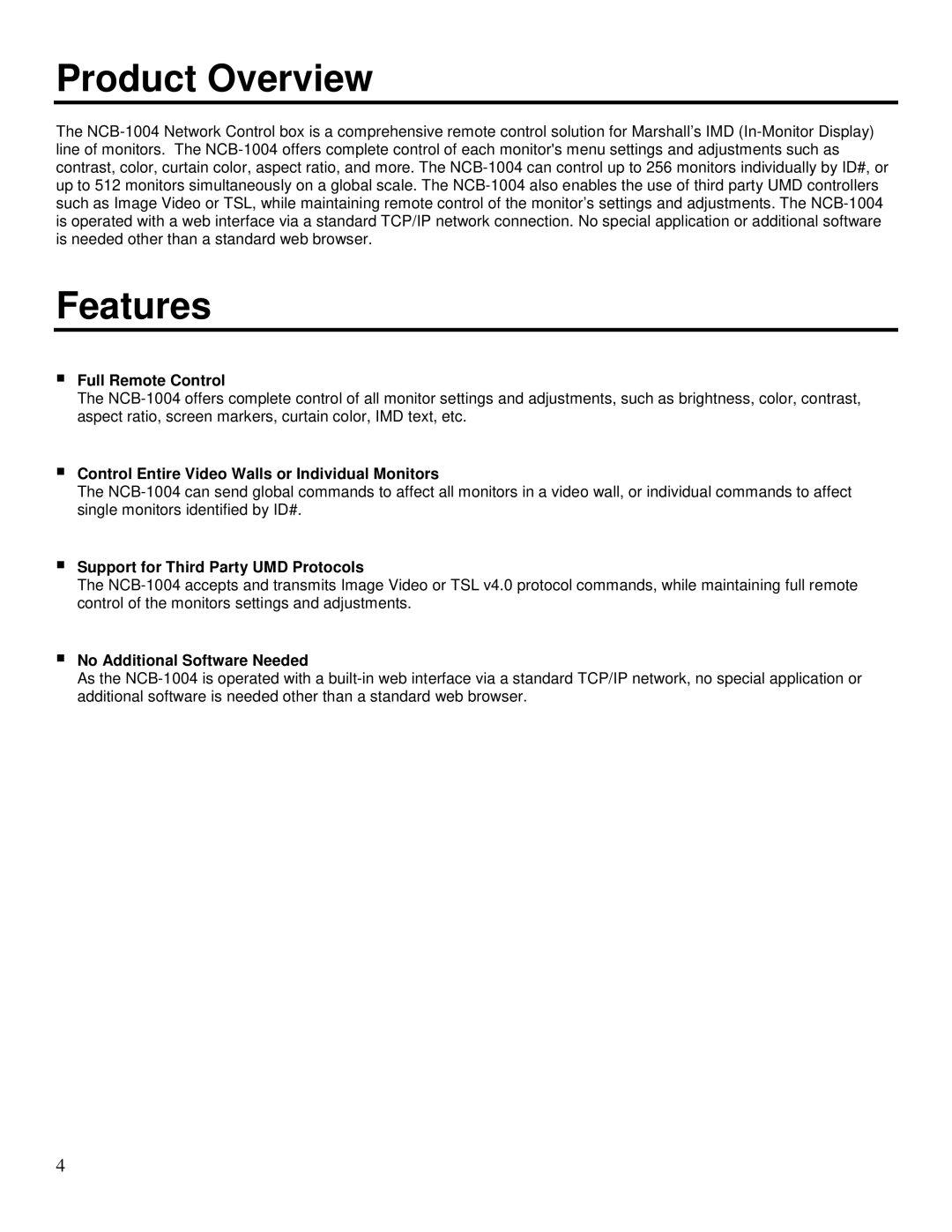 Marshall electronic NCB-1004 operating instructions Product Overview, Features 