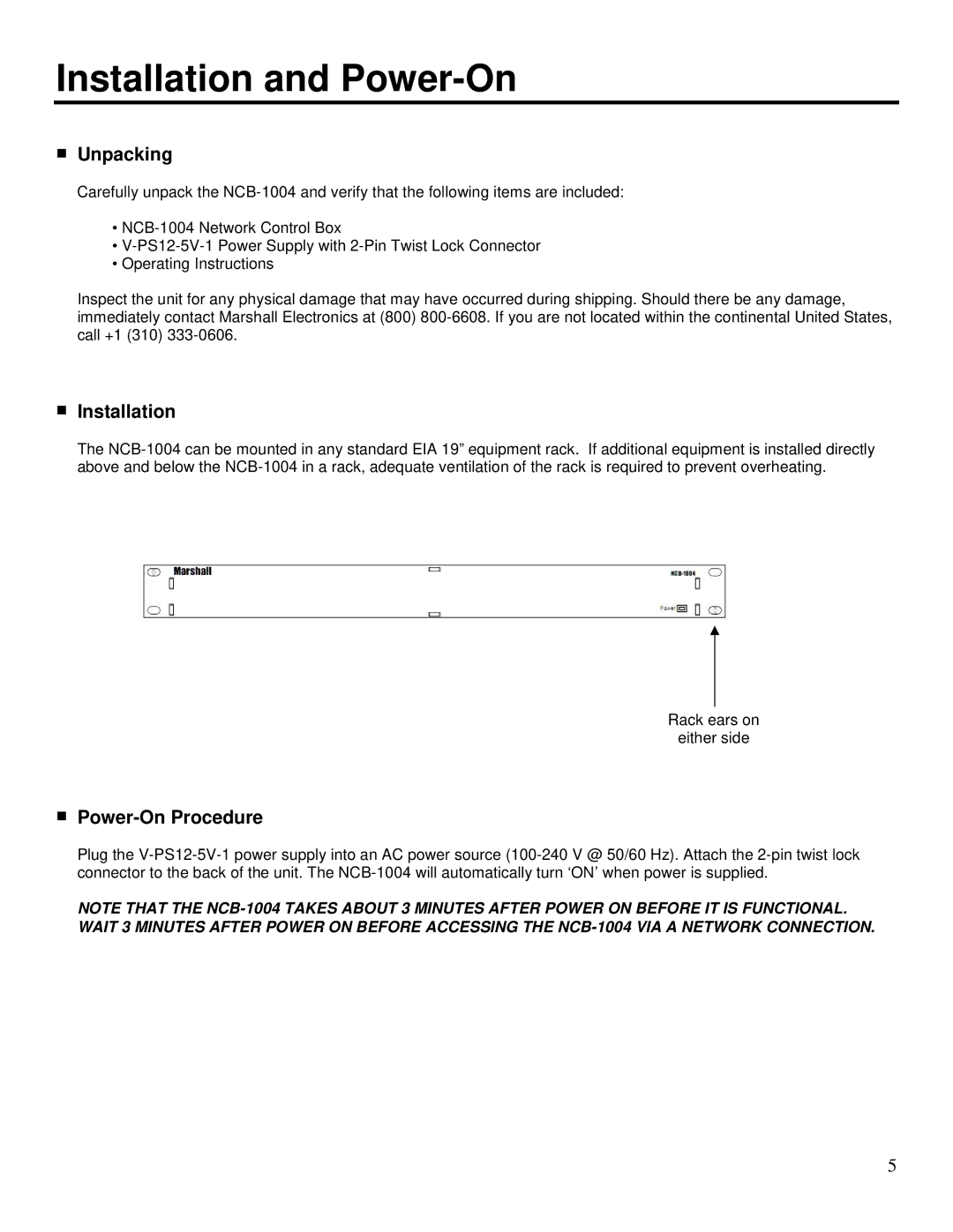 Marshall electronic NCB-1004 operating instructions Installation and Power-On, Unpacking 